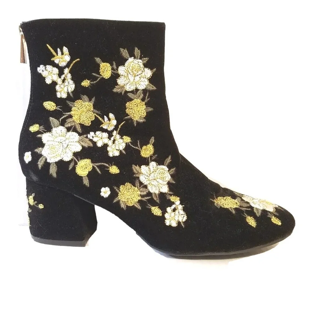 Forever 21 Topshop Womens Boots Sz 8 Black Velvet Floral Feminine Side Zip Shoes
